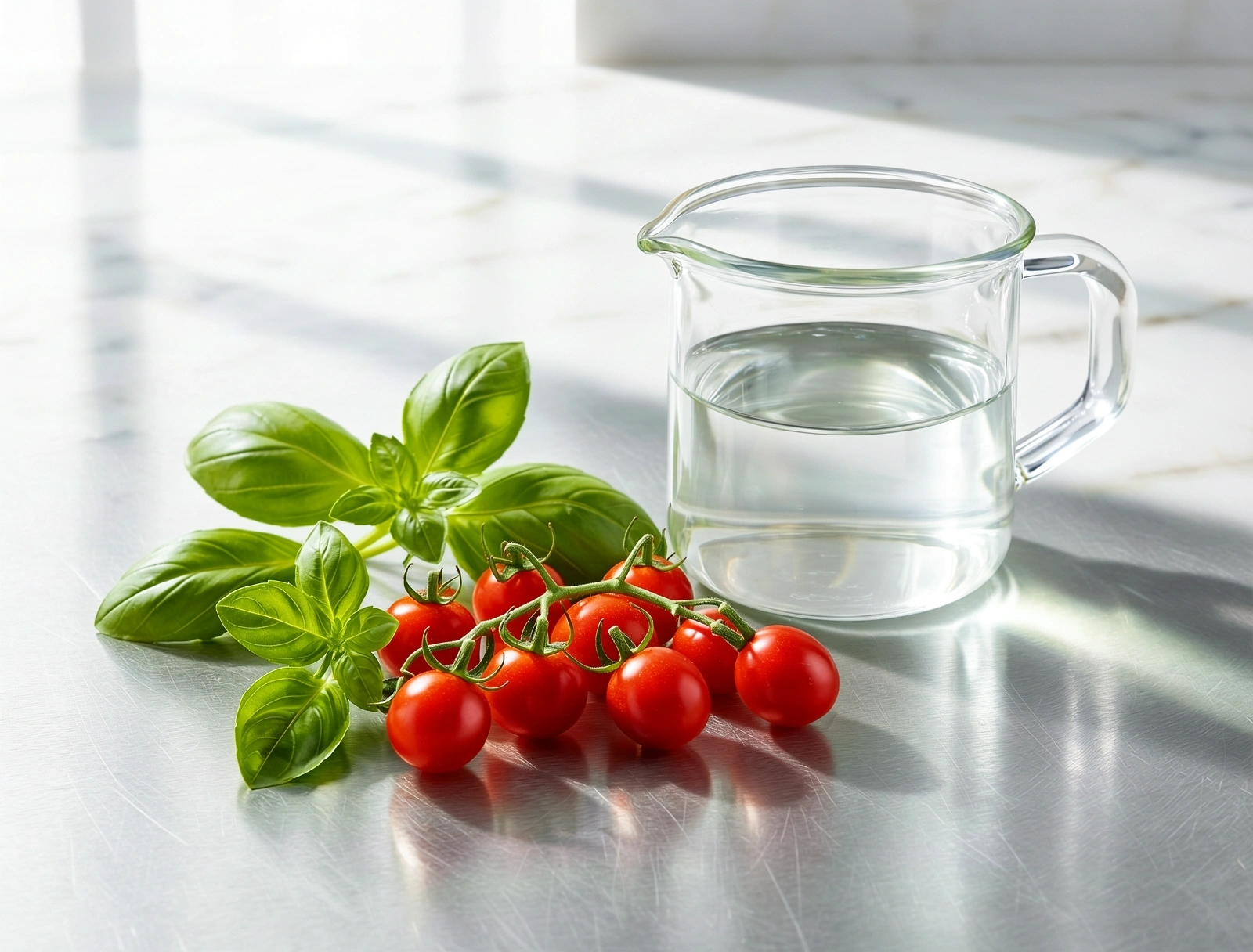 Fresh ingredients and clinical glassware representing nutritional science